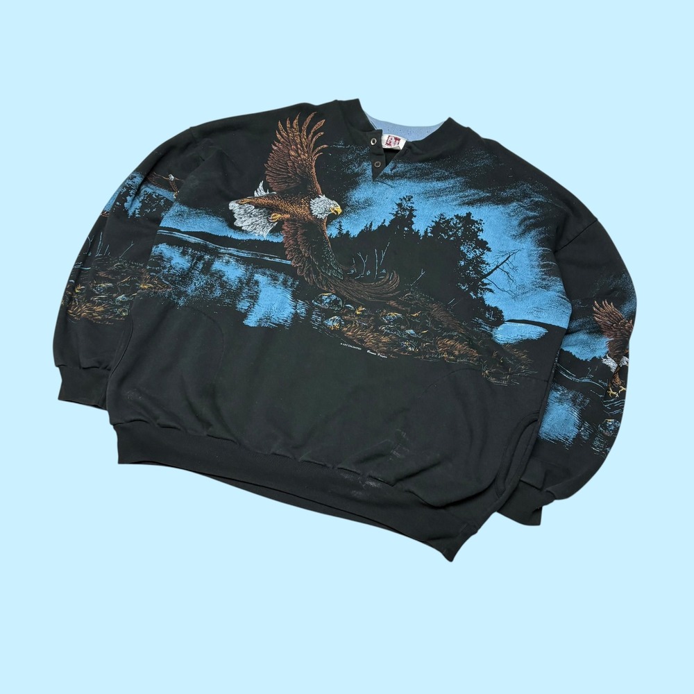 Vintage Art Unlimited Sportswear Eagle Graphic Henley Sweatshirt Black XXL
